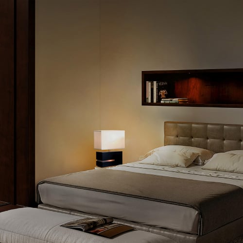 Zen Reclining Table Lamp & Nightlight in Espresso, Brushed Nickel & Off White Linen