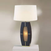 Delacey Table Lamp w/ Nightlight in Ebony Wood, Weathered Brass & White Linen