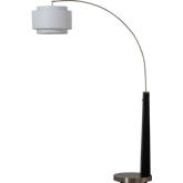 Coronado 1 Light Arc Floor Lamp in Black Wood, Satin Nickel & White Linen