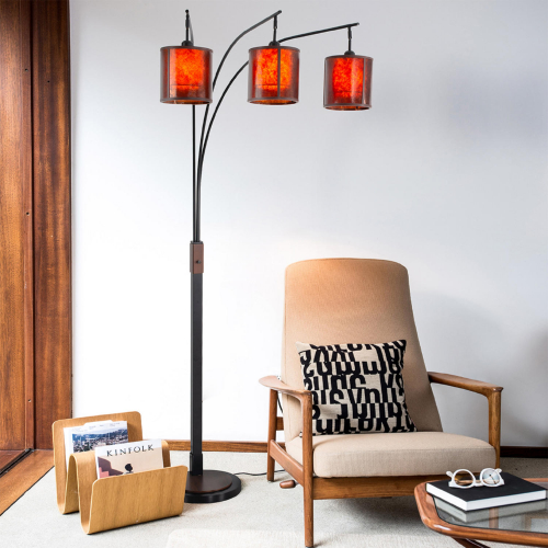 Layers 3 Light Arc Floor Lamp in Gunmetal Steel & Natural Amber Mica