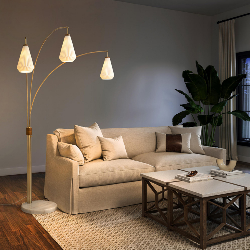 Concord 3 Light Arc Floor Lamp in Weathered Brass, White Marble & Bone Porcelain