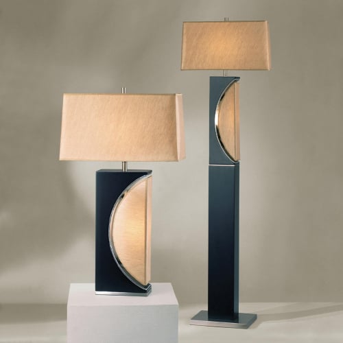 Half Moon Table Lamp w/ Nightlight in Espresso, Nickel & Gold Linen