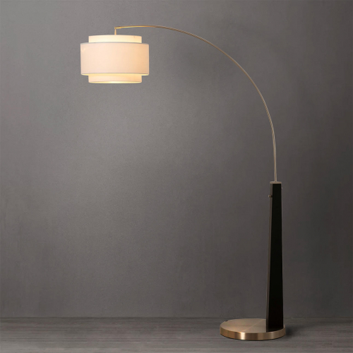 Coronado 1 Light Arc Floor Lamp in Black Wood, Satin Nickel & White Linen