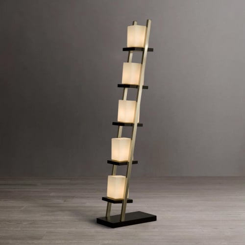 Escalier Floor Lamp in Espresso Wood, Brushed Nickel & Off White Glass