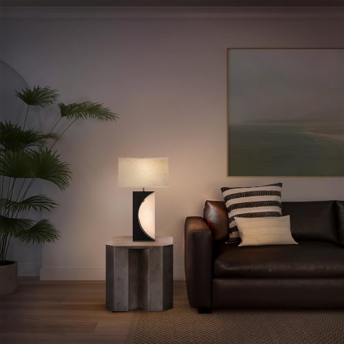 Half Moon Table Lamp w/ Nightlight in Charcoal Gray, Nickel & Off White Linen