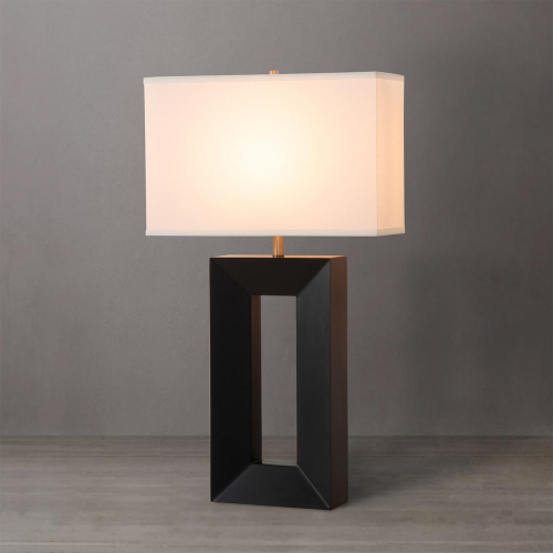 Julie Standing Table Lamp in Ebony Wood Finish, Weathered Brass & White Linen