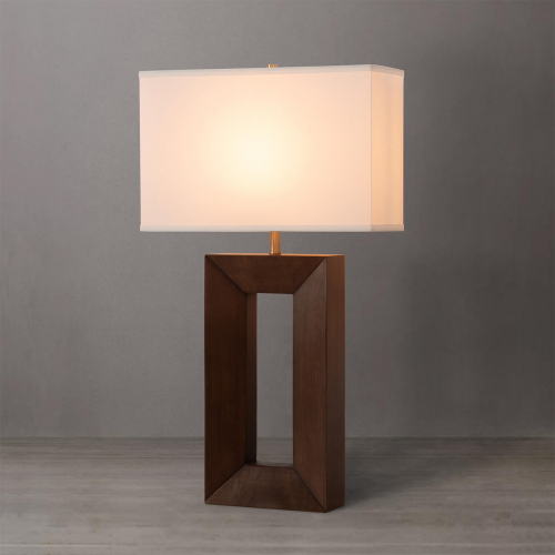 Julie Standing Table Lamp in Dark Walnut Finish, Weathered Brass & White Linen