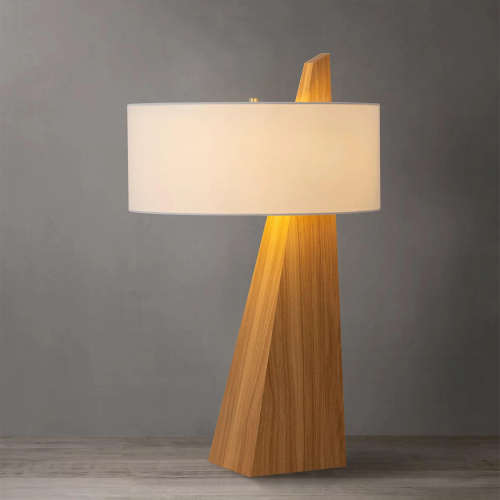 Obelisk Table Lamp in Natural Ash Wood Finish & White Linen