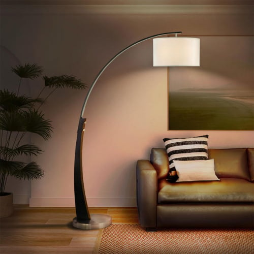 Plimpton 72" 1 Light Arc Floor Lamp in Espresso Wood, Brushed Nickel, & White Linen