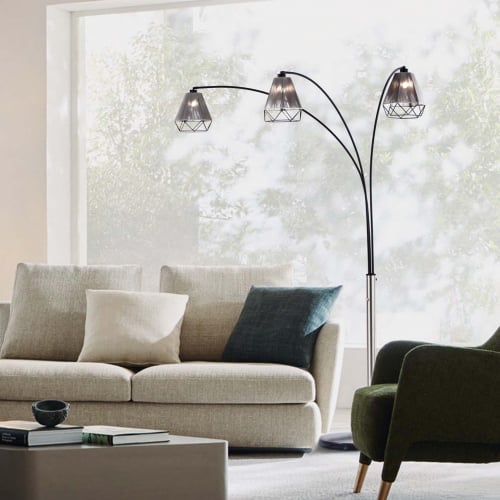 Polygon 88" 3 Light Arc Floor Lamp in Brushed Nickel, Black, Black Marble & Black String