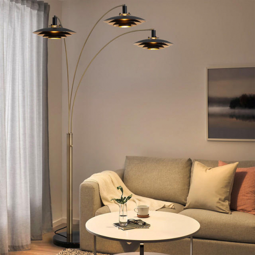 Rancho Mirage 3 Light Arc Floor Lamp in Weathered Brass, Black, Black Marble & Gold Leaf