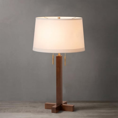 Swiss Cross Table Lamp in Dark Walnut Finish, Weathered Brass & White Linen