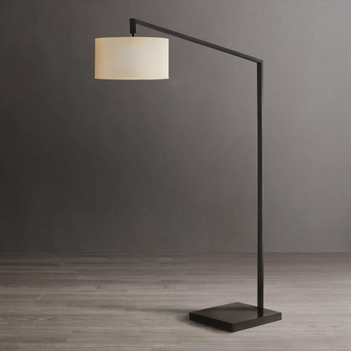 Stretch Chairside Arc Floor Lamp in Black Steel & White Linen