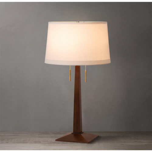 Taper Table Lamp in Dark Walnut Finish Wood & White Linen