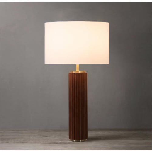 Tambo Table Lamp in Dark Walnut Finish, Weathered Brass & White Linen