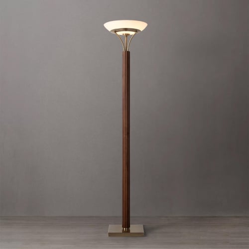 Tambo Torchiere Floor Lamp in Natural Ash Finish, Weathered Brass & Opal Glass