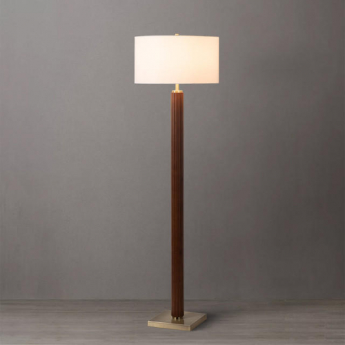 Tambo Floor Lamp in Dark Walnut Finish, Weathered Brass & White Linen