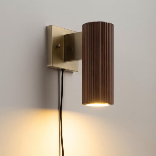 Tambo Wall Sconce in Dark Walnut Finish, Weathered Brass & White Linen