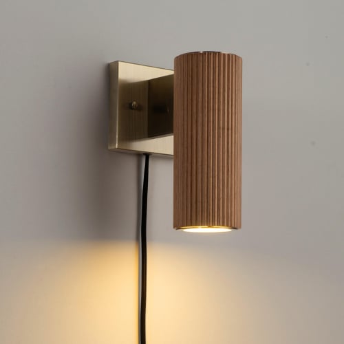 Tambo Wall Sconce in Natural Ash Finish, Weathered Brass & White Linen