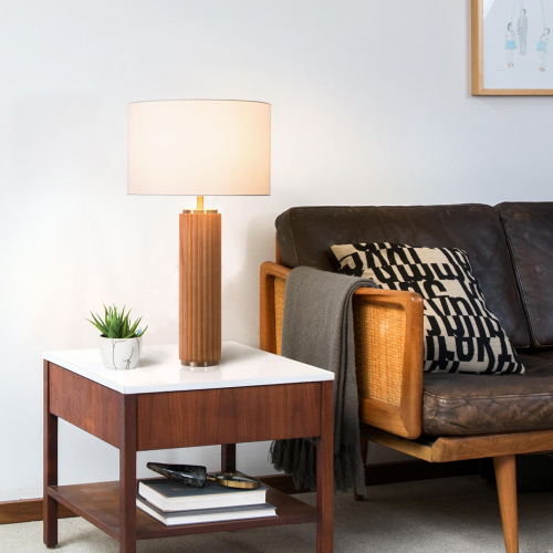 Tambo Table Lamp in Natural Ash Wood & Weathered Brass, White Linen