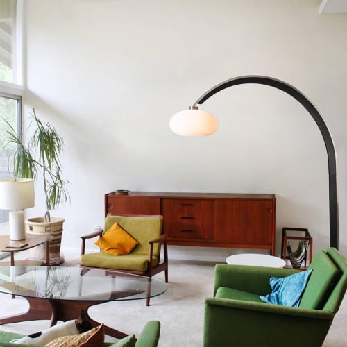 Vaulted Arc Floor Lamp in Black Wood, Satin Nickel & White Lucite