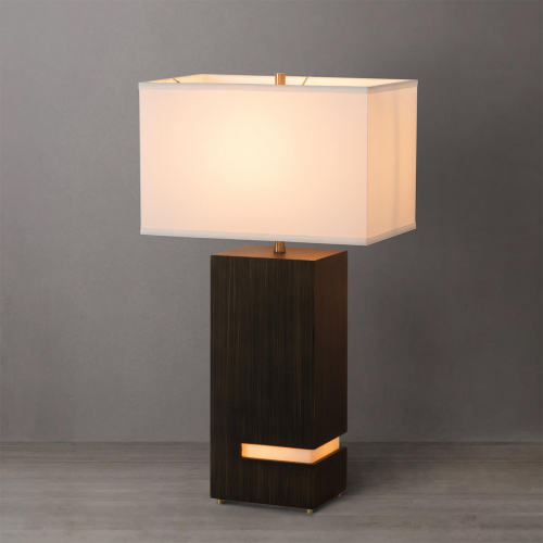 Zen Standing Table Lamp in Gilded Ebony Wood, Weathered Brass & White Linen