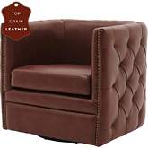 Leslie Swivel Accent Chair in Tufted Brown Top Grain Leather