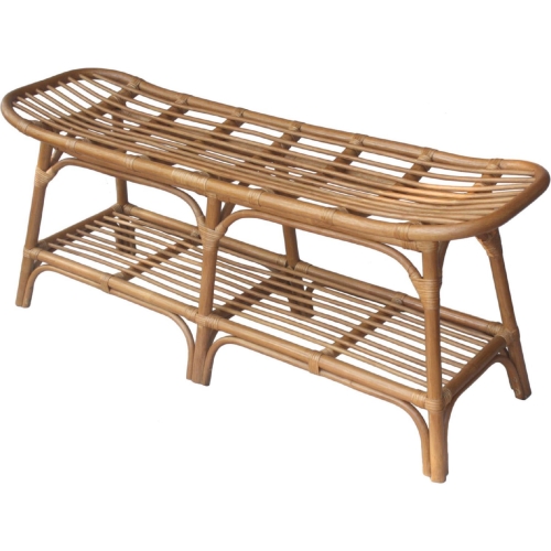 Damara Rattan Bench w/ Shelf in Natural & Brown