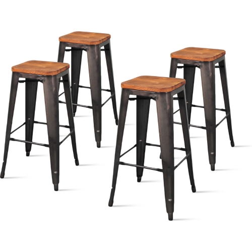 Metropolis Backless Bar Stool w/ Wood Seat in Gunmetal Powder Coated Steel (Set of 4)