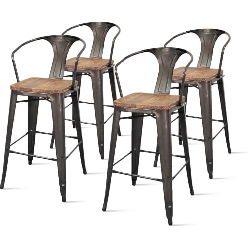 Metropolis Metal Bar Stool Wood Seat in Gunmetal Powder Coated Steel (Set of 4)