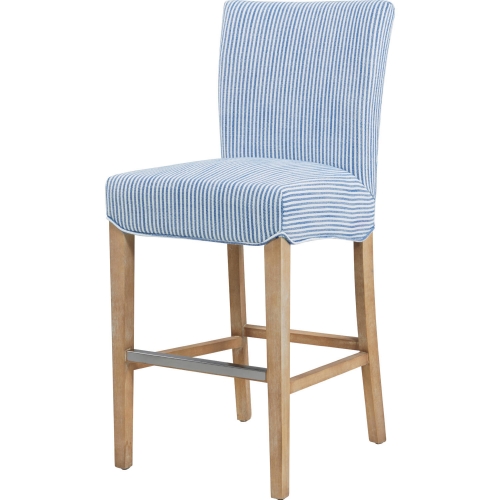 Milton Counter Stool in Blue Stripes Fabric w/ Natural Wood Legs