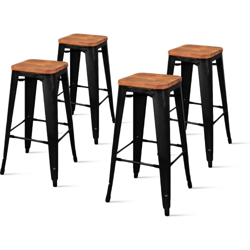 Metropolis Backless Bar Stool w/ Wood Seat in Black Powder Coated Steel (Set of 4)