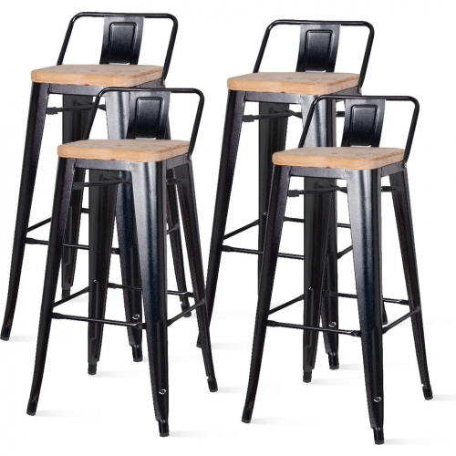 Metropolis Low Back Bar Stool Wood Seat in Black Powder Coated Steel (Set of 4)