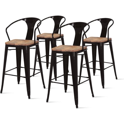 Metropolis Metal Bar Stool Wood Seat in Black Powder Coated Steel (Set of 4)