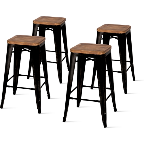 Metropolis Backless Counter Stool w/ Wood Seat in Black Powder Coated Steel (Set of 4)