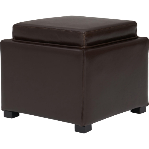 Cameron Square Storage Ottoman w/ Tray in Brown Bonded Leather on Black Legs