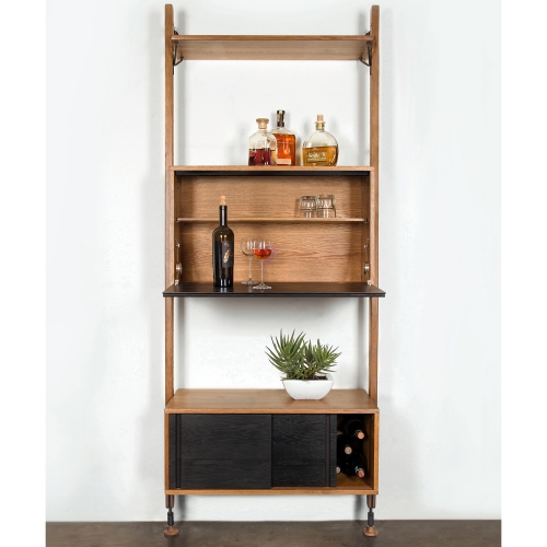 Theo Shelving Unit w/ Bar in Fumed Oak & Black Steel