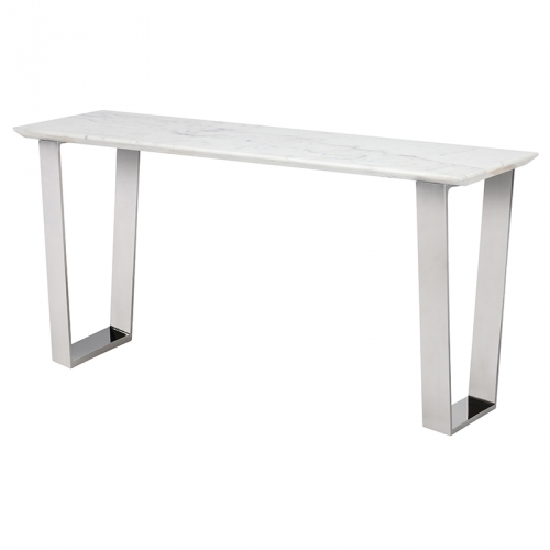 Catrine Console Table in White Stone on Silver Metal Base