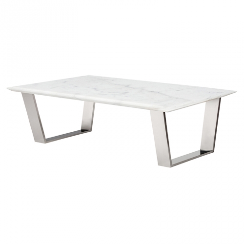 Catrine Coffee Table in White Stone on Silver Metal Base