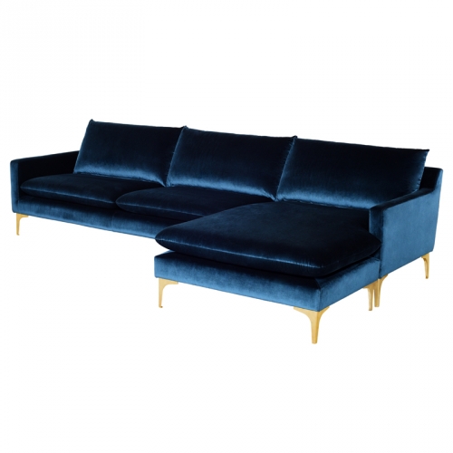 Anders Sectional Sofa in Midnight Blue Fabric on Brushed Gold Stainless