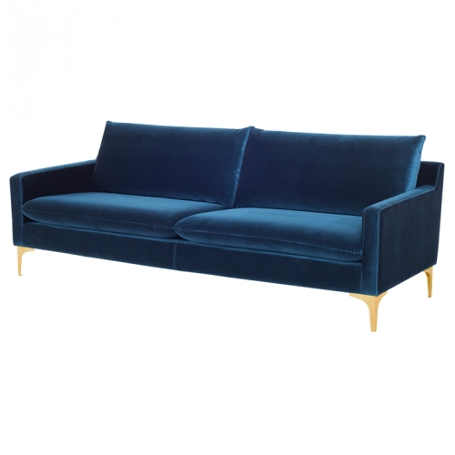 Anders Sofa in Midnight Blue Fabric on Brushed Gold Stainless