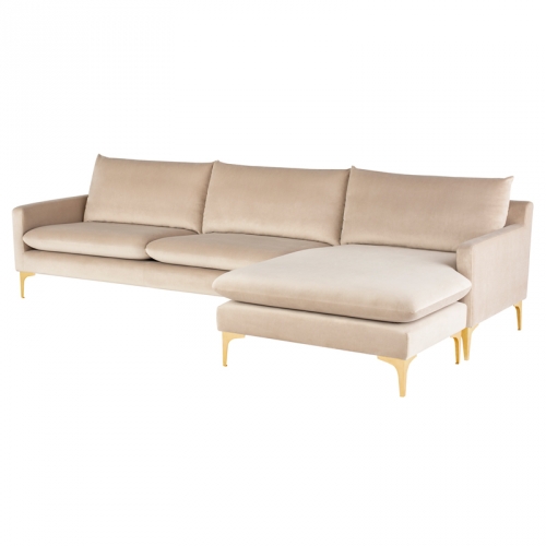 Anders Sectional Sofa in Beige Fabric on Brushed Gold Stainless