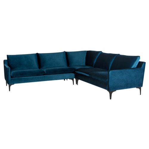 Anders Sectional Sofa in Midnight Blue Fabric on Black Steel