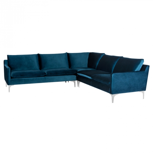 Anders Sectional Sofa in Midnight Blue Fabric on Brushed Stainless