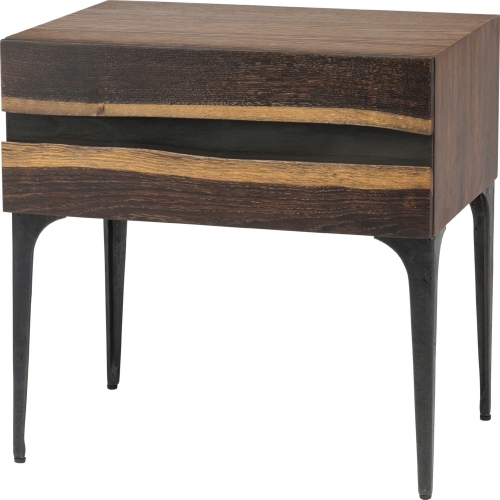 Prana 1 Drawer Side Table in Live Edge Seared Oak & Black Steel