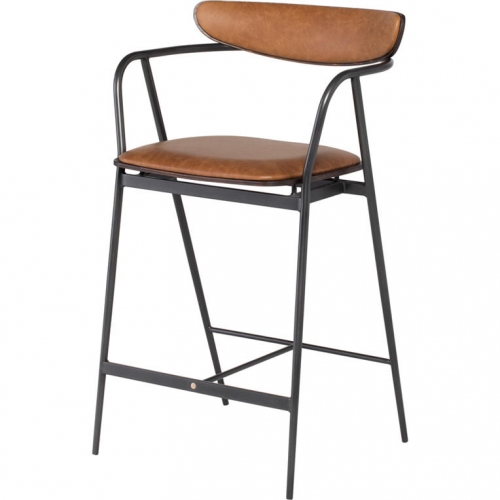 Gianni Counter Stool in Dessert Leather, Seared Oak & Black Steel