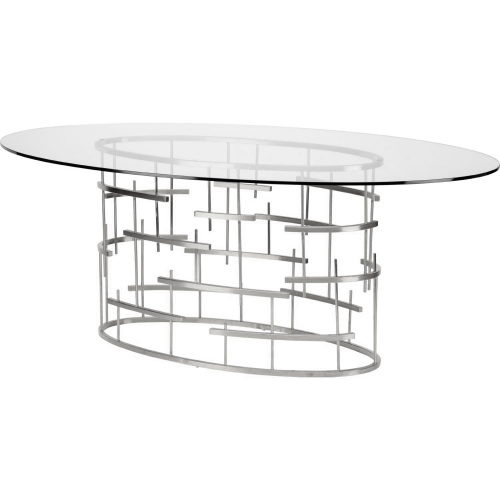 Tiffany Oval 77" Dining Table w/ Clear Glass on Polished Silver Stainless Steel Geometric Base