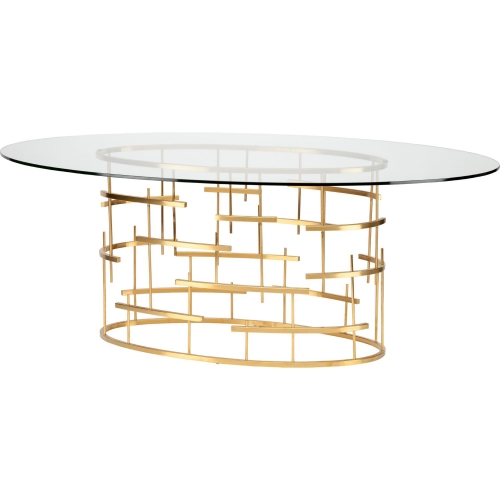 Tiffany Oval 77" Dining Table w/ Clear Glass on Brushed Gold Stainless Steel Geometric Base