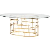 Tiffany Oval 77" Dining Table w/ Clear Glass on Brushed Gold Stainless Steel Geometric Base