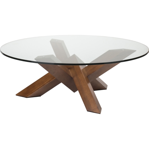 Como 41" Coffee Table w/ Round Clear Glass Top on Geometric Stained Walnut Base